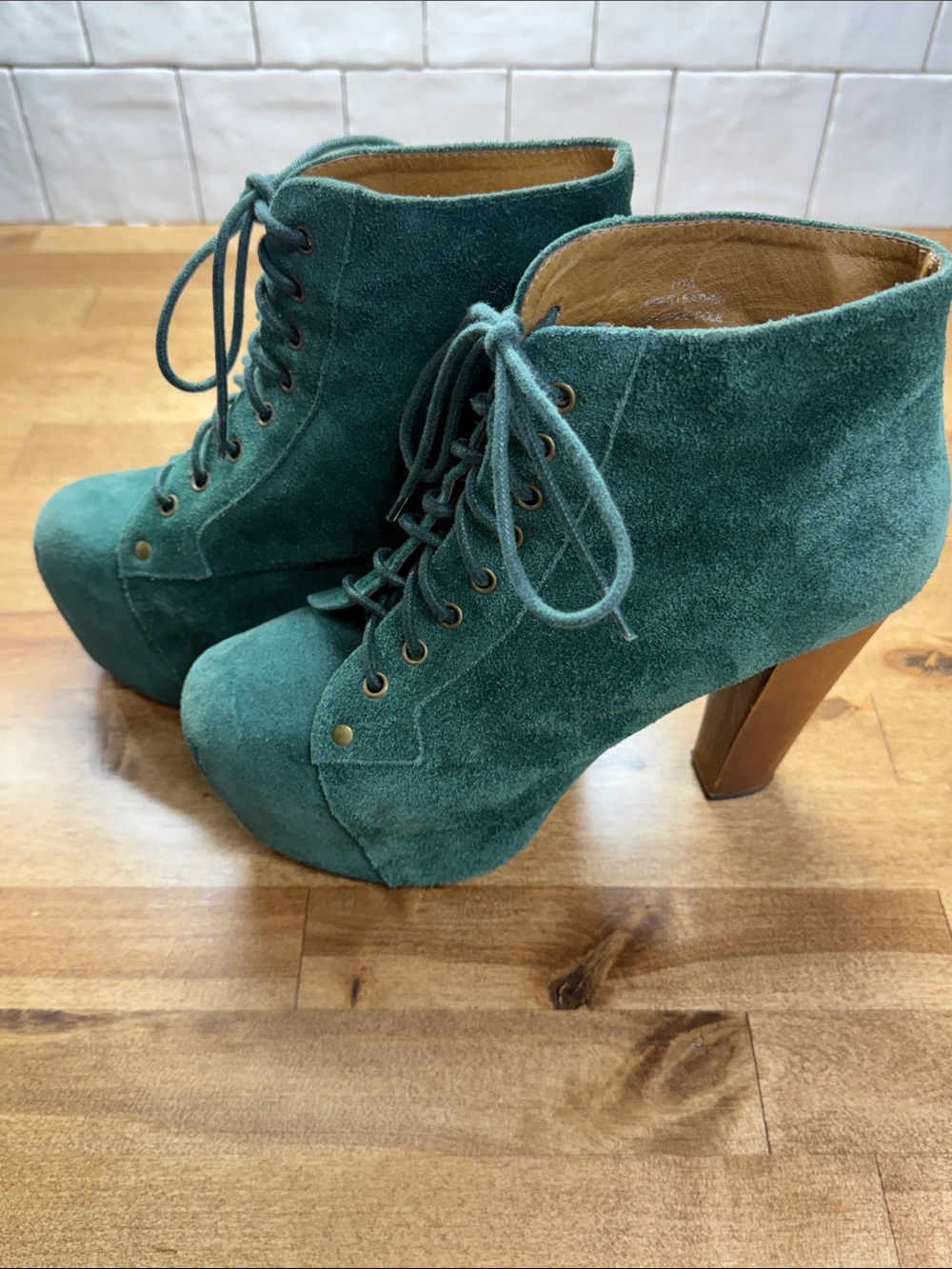 Jeffrey Campbell Lita Platform Boots Green Suede Size 8